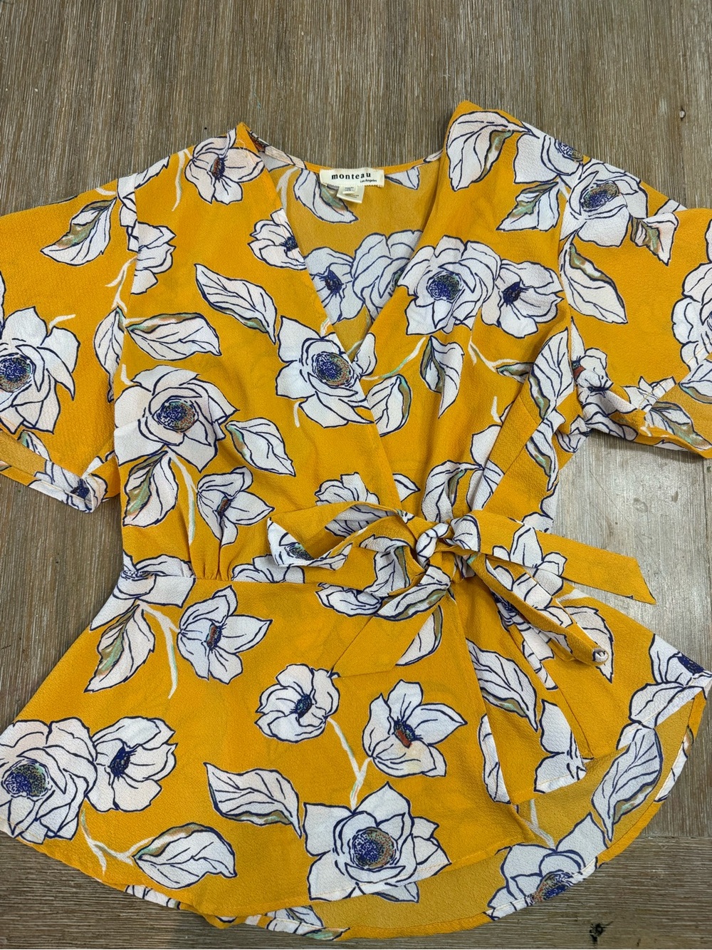 Monteau Yellow Floral Tie-Waist Blouse